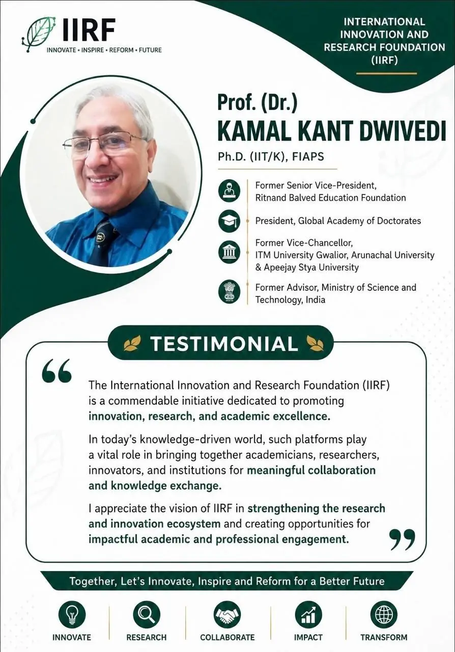 Testimonial card — Prof. (Dr.) Kamal Kant Dwivedi on IIRF's work in innovation and research