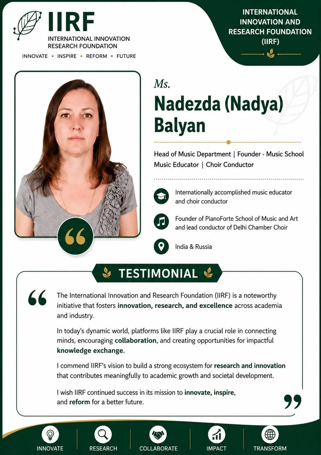 Testimonial card — Ms. Nadezda (Nadya) Balyan on IIRF